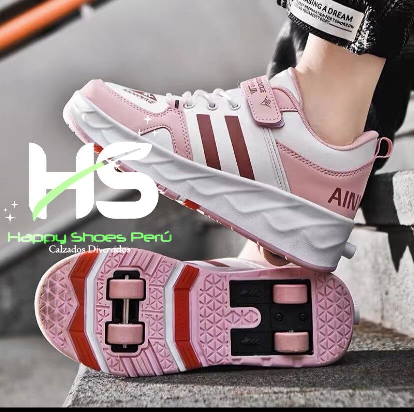 Zapatillas Patines de 04 Ruedas rosado con franjas Juvenil